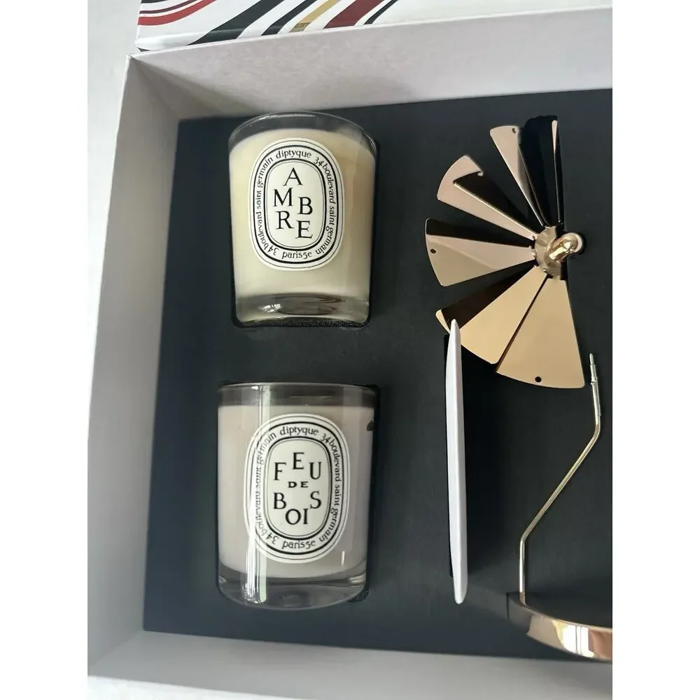 DIPTYQUE Set of Two 2.4 oz. Scented Candles with Carousel - Feu de Bois& Amber